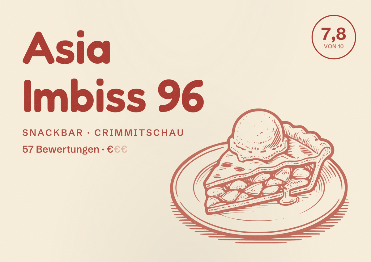 Illustriertes Poster von Asia Imbiss 96, Snackbar in Crimmitschau: Bewertung 7,8 von 10 aus 57 Bewertungen, Preisniveau €