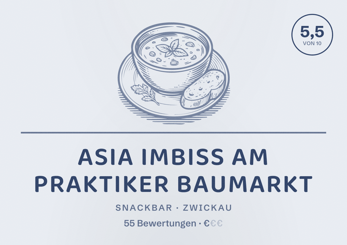 Illustriertes Poster von Asia Imbiss am Praktiker Baumarkt, Snackbar in Zwickau: Bewertung 5,5 von 10 aus 55 Bewertungen, Preisniveau €