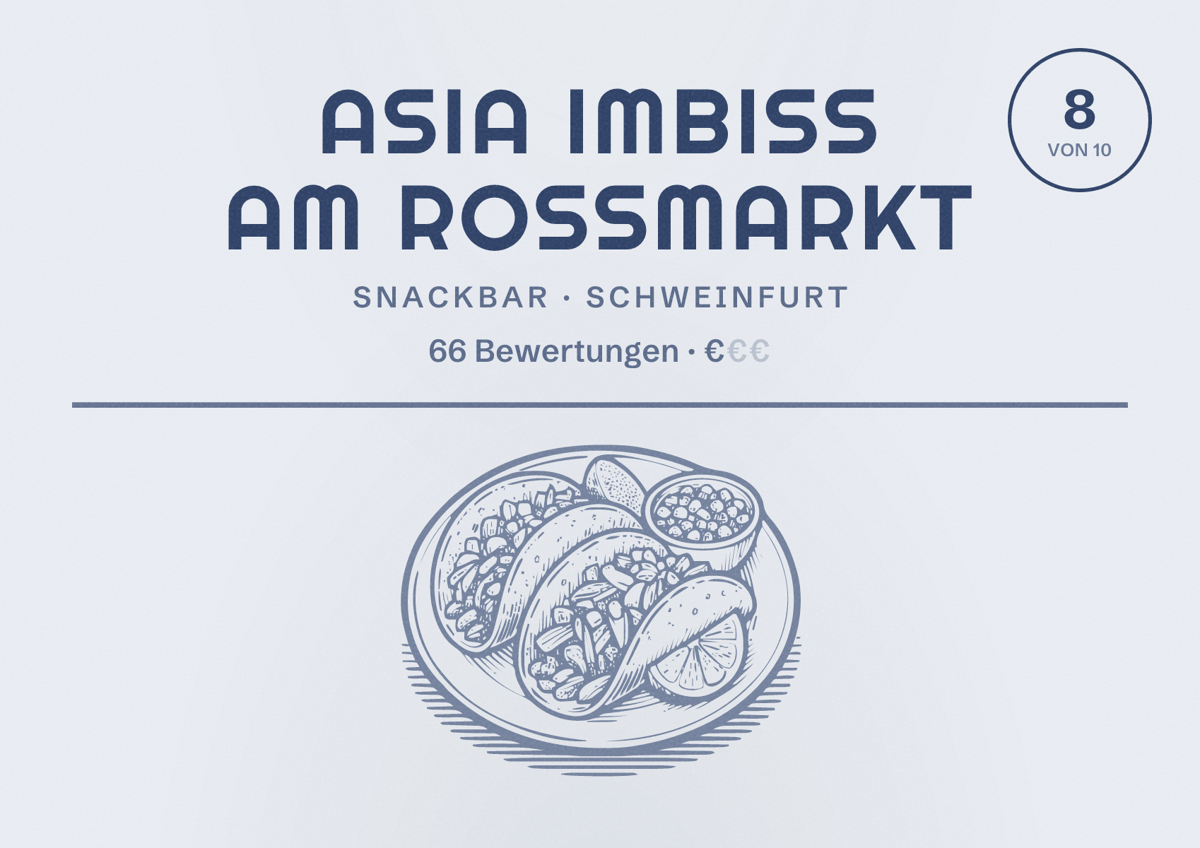 Illustriertes Poster von Asia Imbiss Am Roßmarkt, Snackbar in Schweinfurt: Bewertung 8 von 10 aus 66 Bewertungen, Preisniveau €