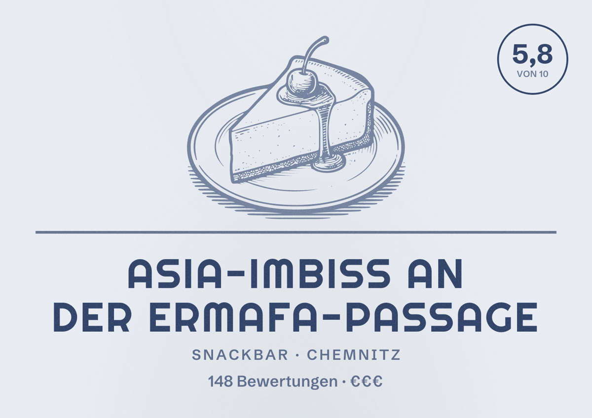 Illustriertes Poster von Asia-Imbiss an der Ermafa-Passage, Snackbar in Chemnitz: Bewertung 5,8 von 10 aus 148 Bewertungen, Preisniveau €€€