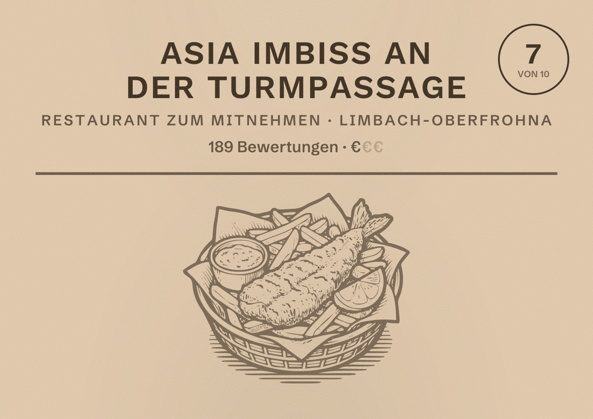 Illustriertes Poster von Asia Imbiss an der Turmpassage, Restaurant zum Mitnehmen in Limbach-Oberfrohna: Bewertung 7 von 10 aus 189 Bewertungen, Preisniveau €