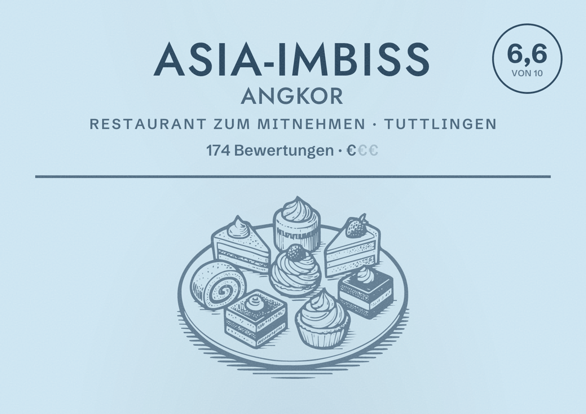 Illustriertes Poster von Asia-Imbiss Angkor, Restaurant zum Mitnehmen in Tuttlingen: Bewertung 6,6 von 10 aus 174 Bewertungen, Preisniveau €