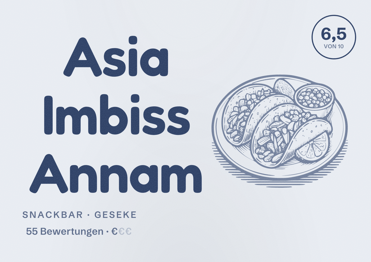 Illustriertes Poster von Asia Imbiss Annam, Snackbar in Geseke: Bewertung 6,5 von 10 aus 55 Bewertungen, Preisniveau €