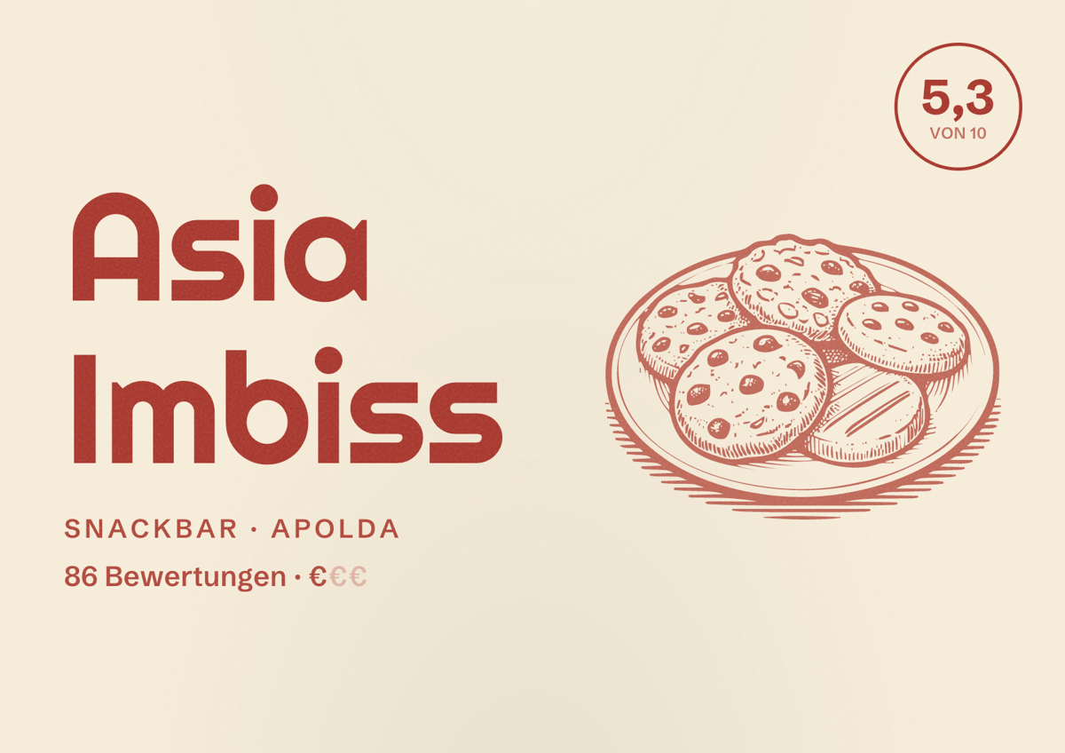 Illustriertes Poster von Asia Imbiss, Snackbar in Apolda: Bewertung 5,3 von 10 aus 86 Bewertungen, Preisniveau €