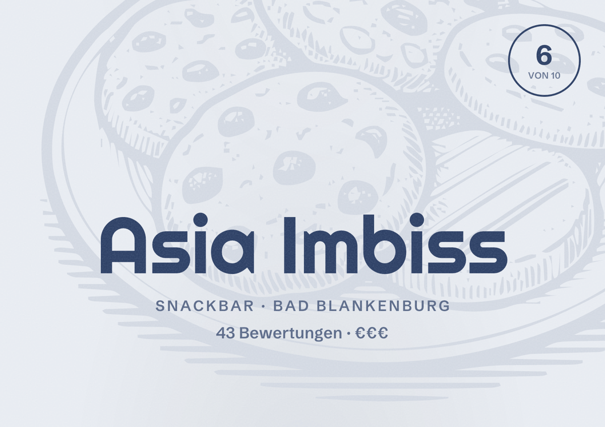 Illustriertes Poster von Asia Imbiss, Snackbar in Bad Blankenburg: Bewertung 6 von 10 aus 43 Bewertungen, Preisniveau €€€