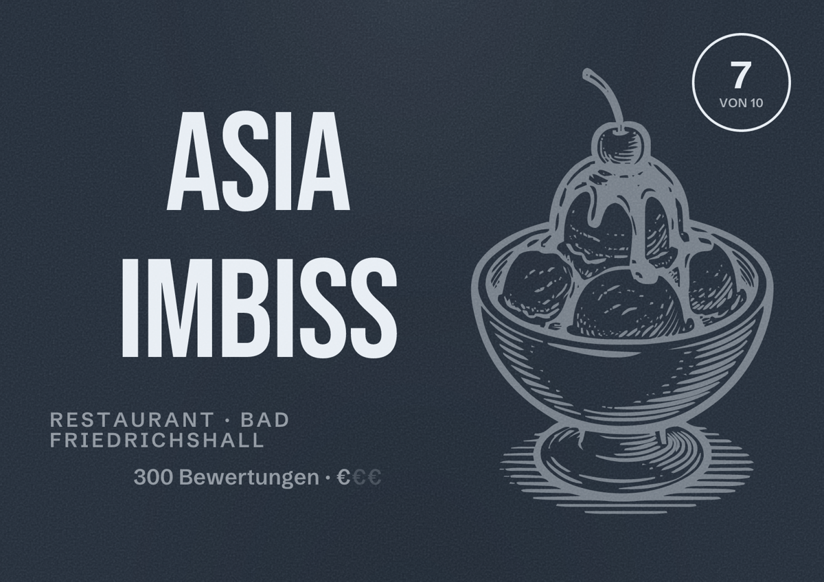 Illustriertes Poster von Asia Imbiss, Restaurant in Bad Friedrichshall: Bewertung 7 von 10 aus 300 Bewertungen, Preisniveau €