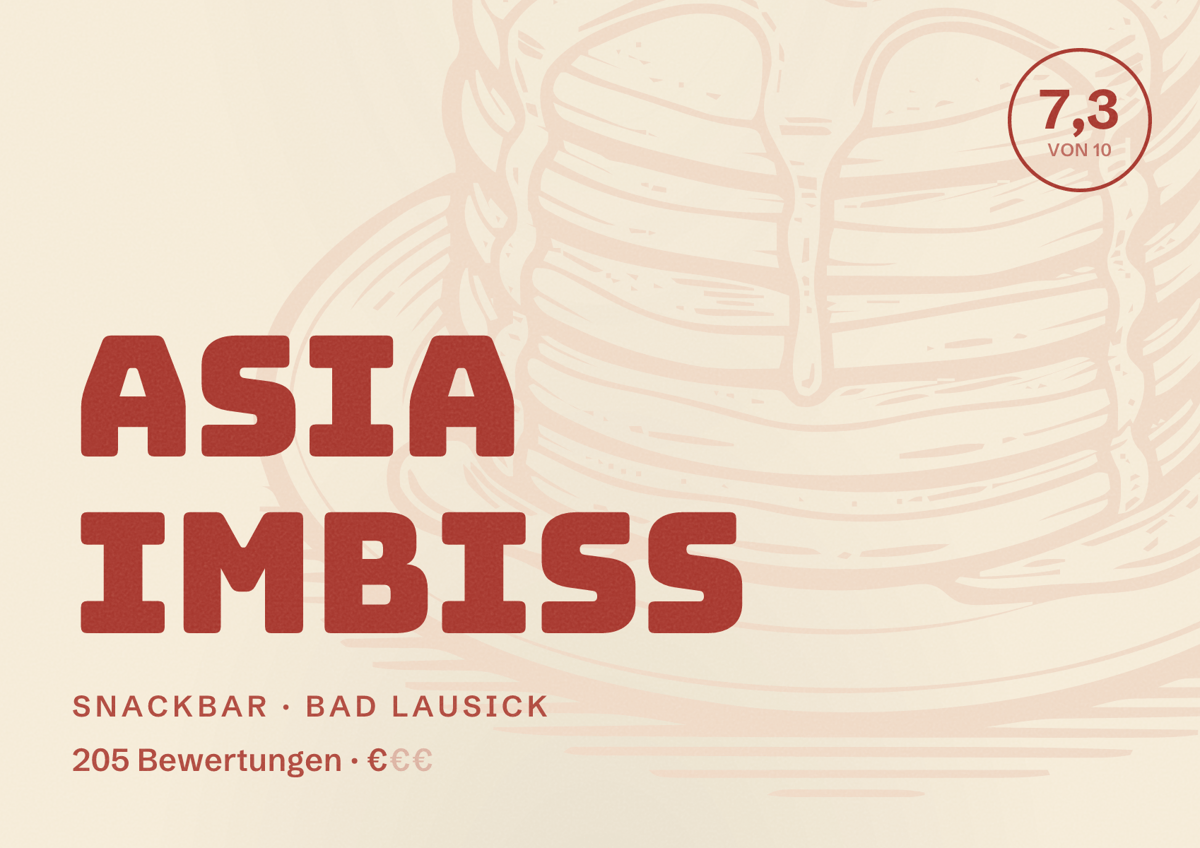 Illustriertes Poster von Asia Imbiss, Snackbar in Bad Lausick: Bewertung 7,3 von 10 aus 205 Bewertungen, Preisniveau €