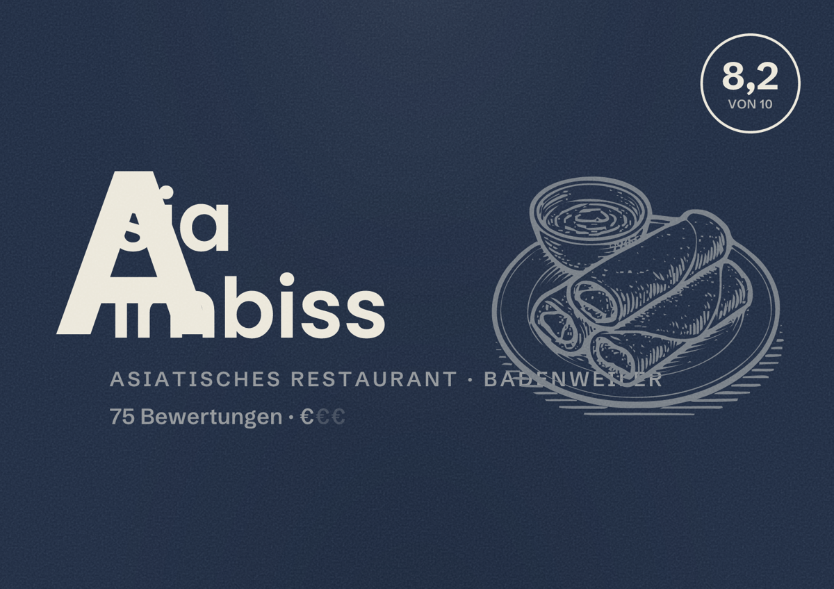 Illustriertes Poster von Asia Imbiss, Asiatisches Restaurant in Badenweiler: Bewertung 8,2 von 10 aus 75 Bewertungen, Preisniveau €