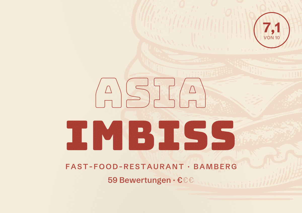 Illustriertes Poster von Asia Imbiss, Fast-Food-Restaurant in Bamberg: Bewertung 7,1 von 10 aus 59 Bewertungen, Preisniveau €
