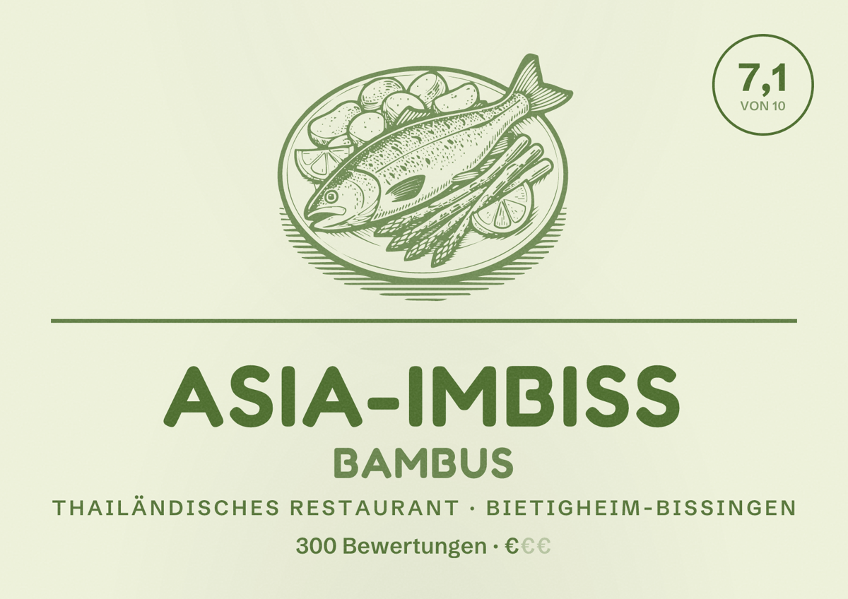 Illustriertes Poster von Asia-Imbiss Bambus, Thailändisches Restaurant in Bietigheim-Bissingen: Bewertung 7,1 von 10 aus 300 Bewertungen, Preisniveau €
