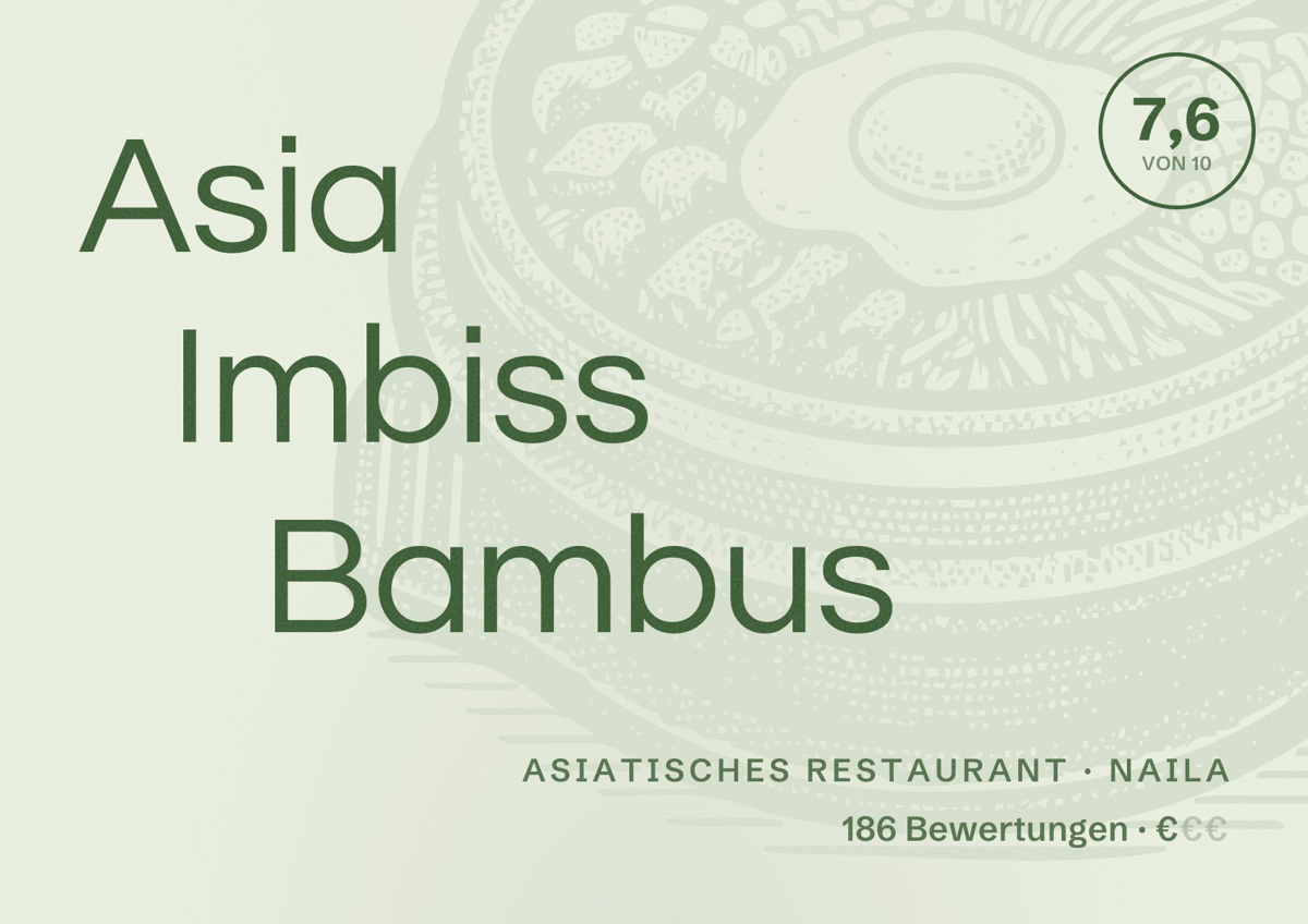 Illustriertes Poster von Asia Imbiss Bambus, Asiatisches Restaurant in Naila: Bewertung 7,6 von 10 aus 186 Bewertungen, Preisniveau €