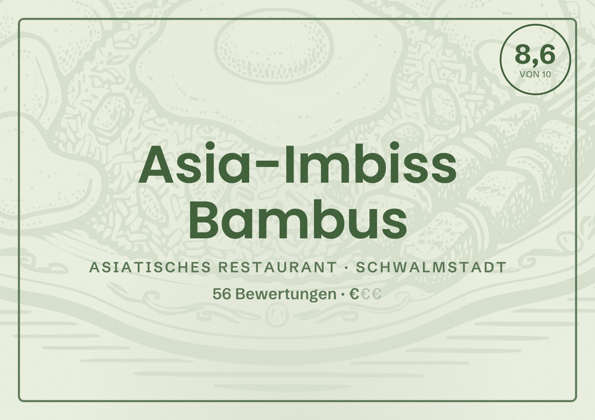 Illustriertes Poster von Asia-Imbiss Bambus, Asiatisches Restaurant in Schwalmstadt: Bewertung 8,6 von 10 aus 56 Bewertungen, Preisniveau €