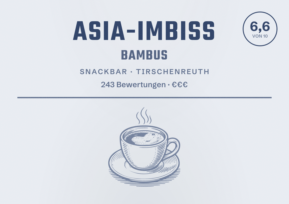 Illustriertes Poster von Asia-Imbiss Bambus, Snackbar in Tirschenreuth: Bewertung 6,6 von 10 aus 243 Bewertungen, Preisniveau €€€