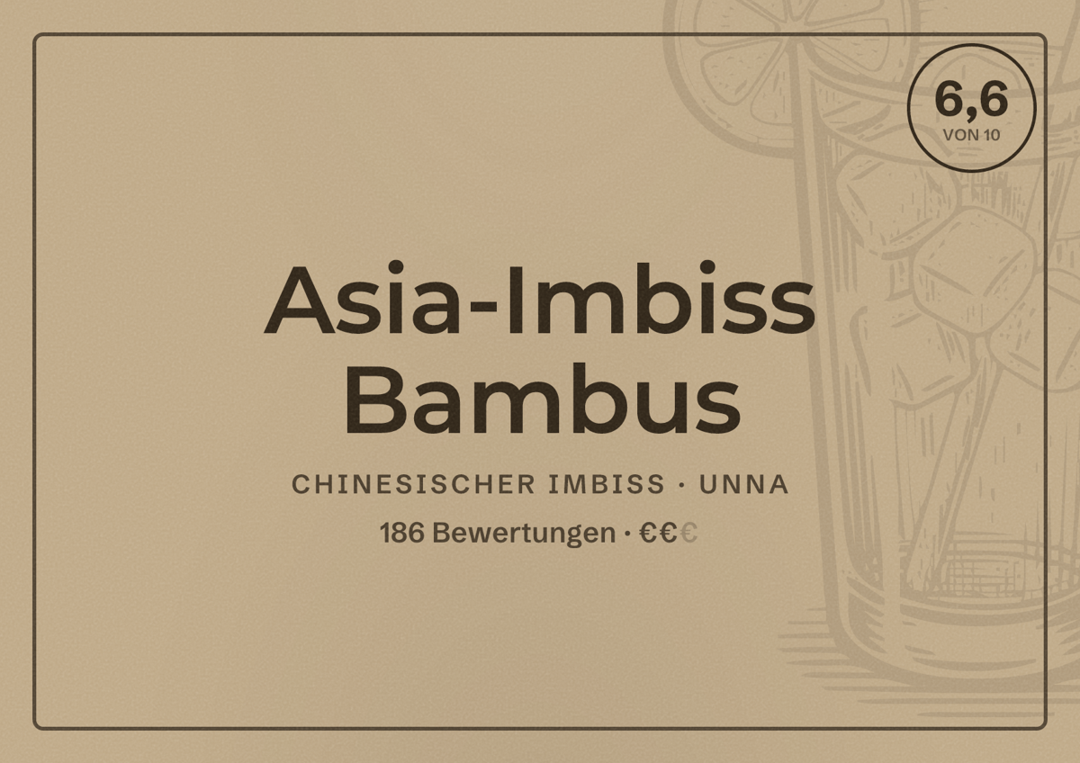 Illustriertes Poster von Asia-Imbiss Bambus, Chinesischer Imbiss in Unna: Bewertung 6,6 von 10 aus 186 Bewertungen, Preisniveau €€