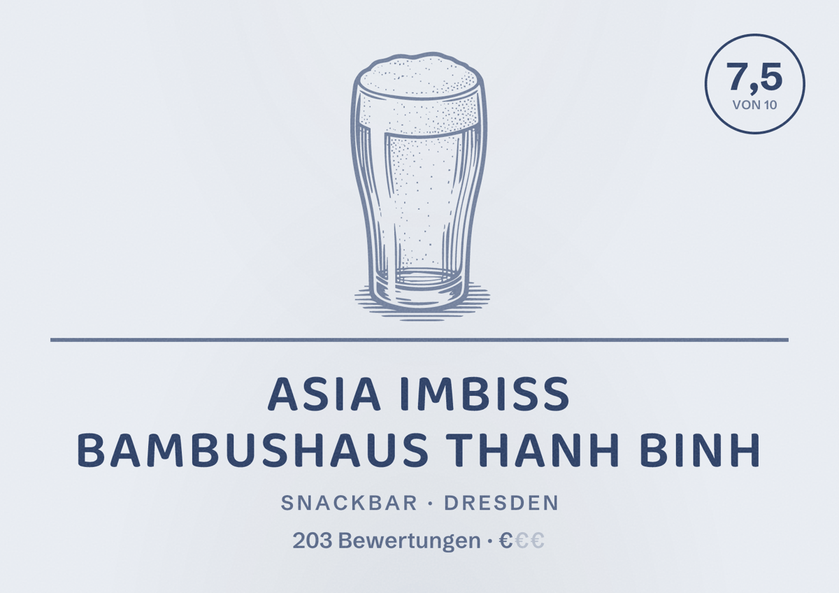 Illustriertes Poster von Asia Imbiss Bambushaus Thanh Binh, Snackbar in Dresden: Bewertung 7,5 von 10 aus 203 Bewertungen, Preisniveau €