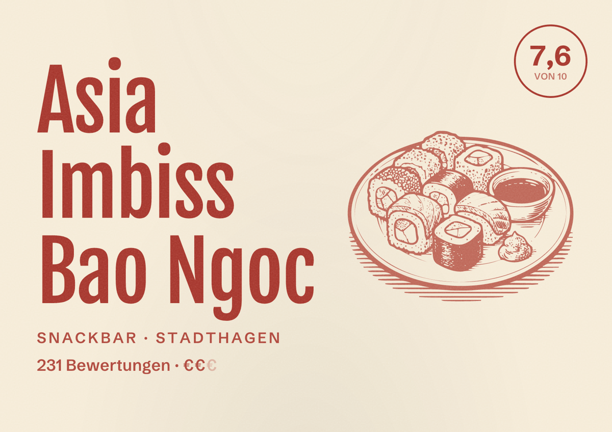 Illustriertes Poster von Asia Imbiss Bao Ngoc, Snackbar in Stadthagen: Bewertung 7,6 von 10 aus 231 Bewertungen, Preisniveau €€