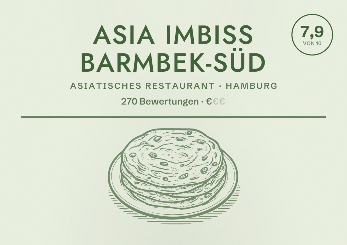 Illustriertes Poster von Asia Imbiss Barmbek-Süd, Asiatisches Restaurant in Hamburg: Bewertung 7,9 von 10 aus 270 Bewertungen, Preisniveau €