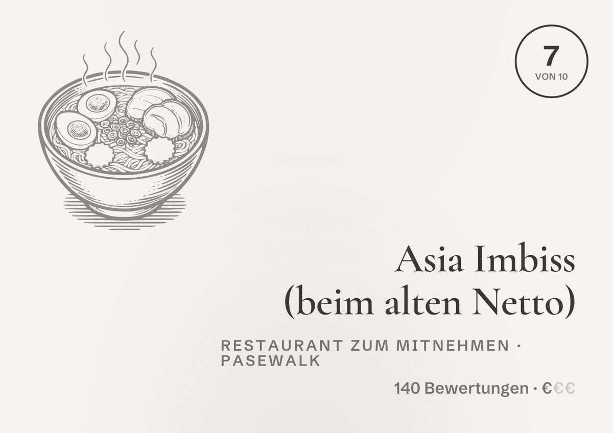 Illustriertes Poster von Asia Imbiss (beim alten Netto), Restaurant zum Mitnehmen in Pasewalk: Bewertung 7 von 10 aus 140 Bewertungen, Preisniveau €