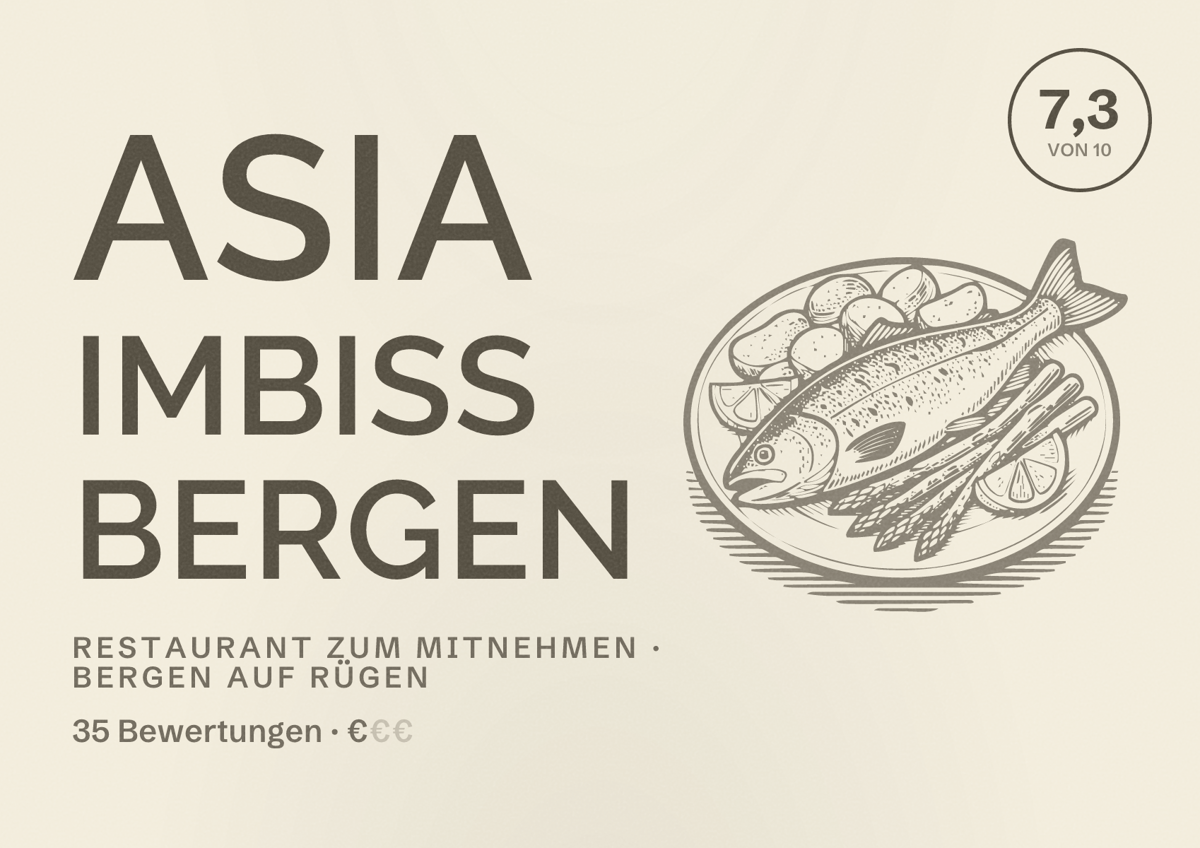 Illustriertes Poster von Asia Imbiss Bergen, Restaurant zum Mitnehmen in Bergen auf Rügen: Bewertung 7,3 von 10 aus 35 Bewertungen, Preisniveau €