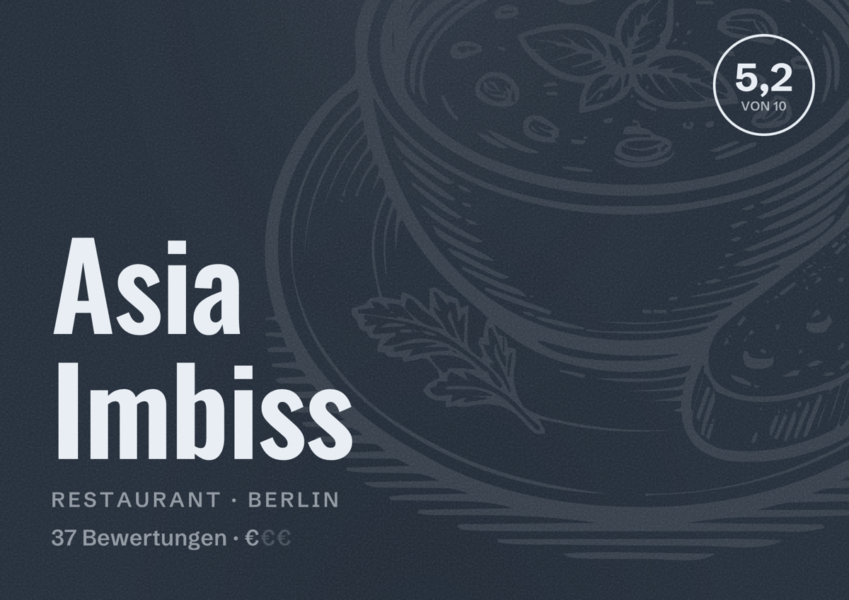 Illustriertes Poster von Asia Imbiss, Restaurant in Berlin: Bewertung 5,2 von 10 aus 37 Bewertungen, Preisniveau €