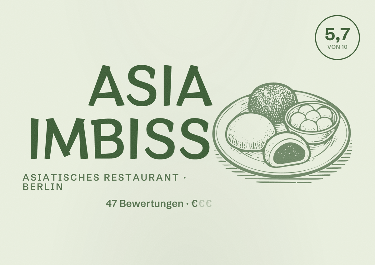 Illustriertes Poster von ASIA IMBISS, Asiatisches Restaurant in Berlin: Bewertung 5,7 von 10 aus 47 Bewertungen, Preisniveau €