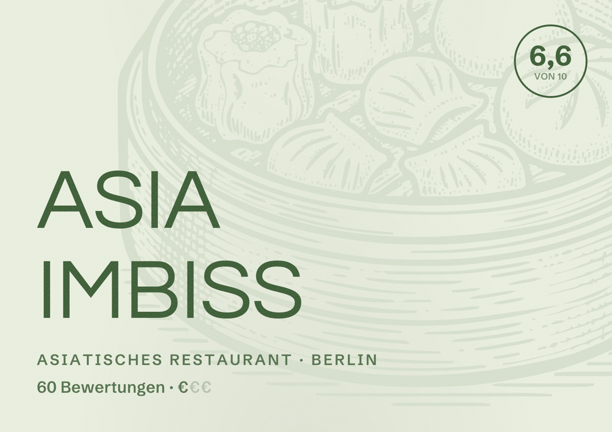 Illustriertes Poster von ASIA IMBISS, Asiatisches Restaurant in Berlin: Bewertung 6,6 von 10 aus 60 Bewertungen, Preisniveau €