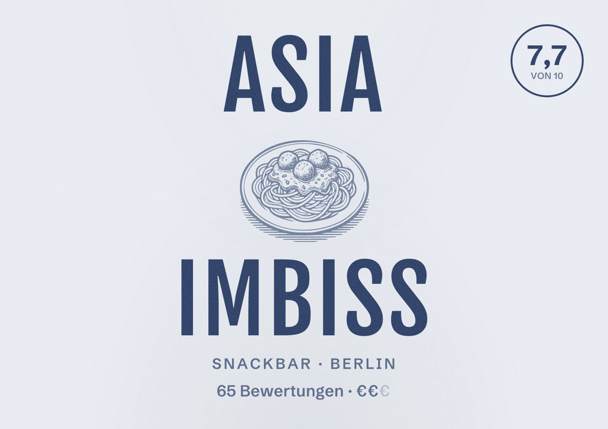 Illustriertes Poster von Asia Imbiss, Snackbar in Berlin: Bewertung 7,7 von 10 aus 65 Bewertungen, Preisniveau €€