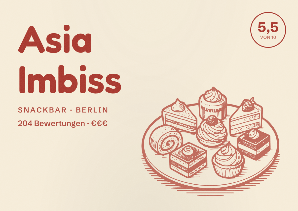 Illustriertes Poster von Asia Imbiss, Snackbar in Berlin: Bewertung 5,5 von 10 aus 204 Bewertungen, Preisniveau €€€