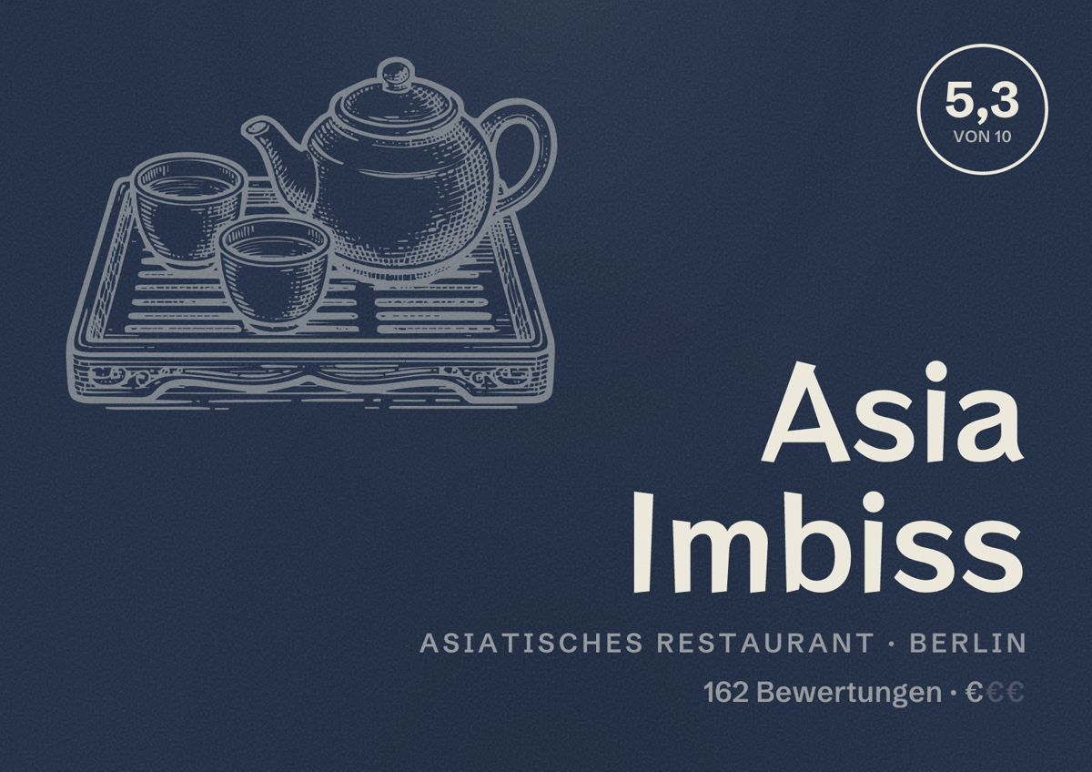 Illustriertes Poster von Asia Imbiss, Asiatisches Restaurant in Berlin: Bewertung 5,3 von 10 aus 162 Bewertungen, Preisniveau €