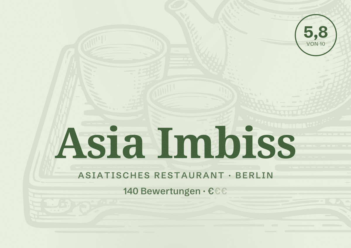 Illustriertes Poster von Asia Imbiss, Asiatisches Restaurant in Berlin: Bewertung 5,8 von 10 aus 140 Bewertungen, Preisniveau €