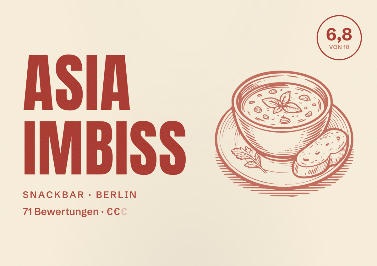 Illustriertes Poster von ASIA Imbiss, Snackbar in Berlin: Bewertung 6,8 von 10 aus 71 Bewertungen, Preisniveau €€