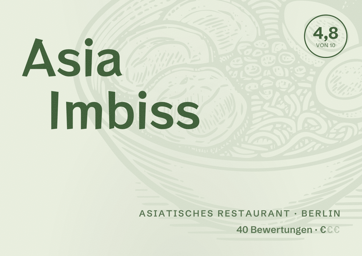 Illustriertes Poster von Asia Imbiss, Asiatisches Restaurant in Berlin: Bewertung 4,8 von 10 aus 40 Bewertungen, Preisniveau €