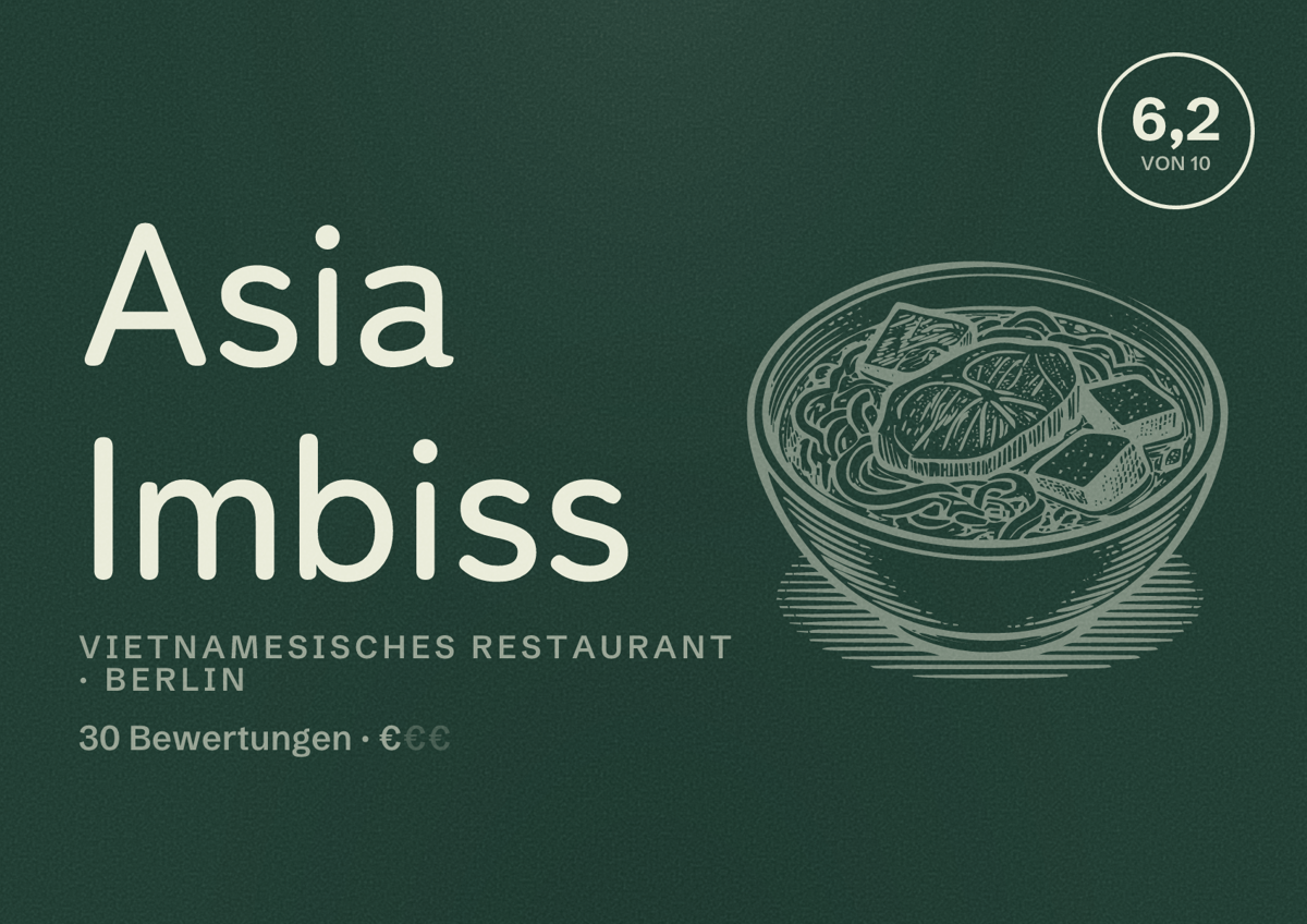 Illustriertes Poster von Asia Imbiss, Vietnamesisches Restaurant in Berlin: Bewertung 6,2 von 10 aus 30 Bewertungen, Preisniveau €