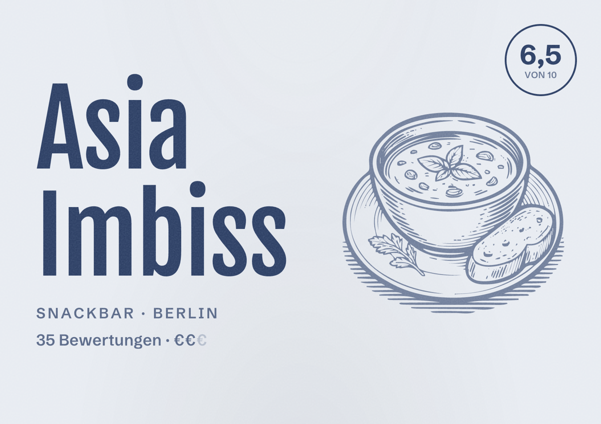 Illustriertes Poster von Asia Imbiss, Snackbar in Berlin: Bewertung 6,5 von 10 aus 35 Bewertungen, Preisniveau €€