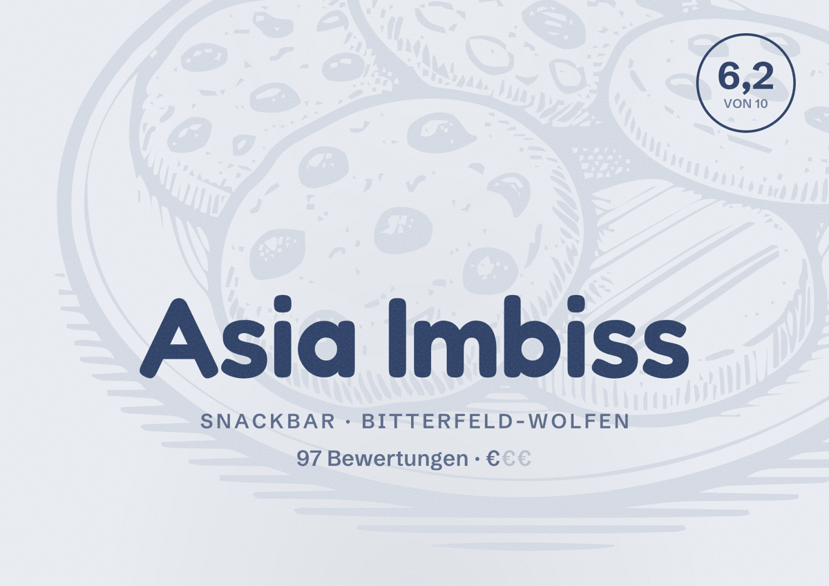 Illustriertes Poster von Asia Imbiss, Snackbar in Bitterfeld-Wolfen: Bewertung 6,2 von 10 aus 97 Bewertungen, Preisniveau €
