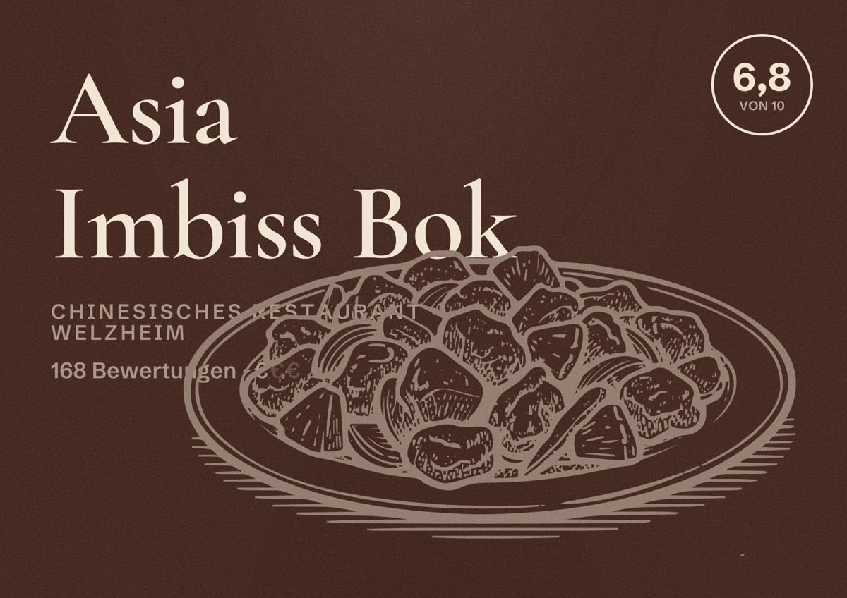 Illustriertes Poster von Asia Imbiss Bok, Chinesisches Restaurant in Welzheim: Bewertung 6,8 von 10 aus 168 Bewertungen, Preisniveau €