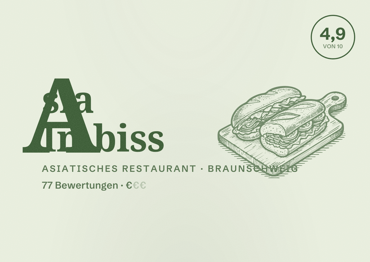 Illustriertes Poster von Asia Imbiss, Asiatisches Restaurant in Braunschweig: Bewertung 4,9 von 10 aus 77 Bewertungen, Preisniveau €