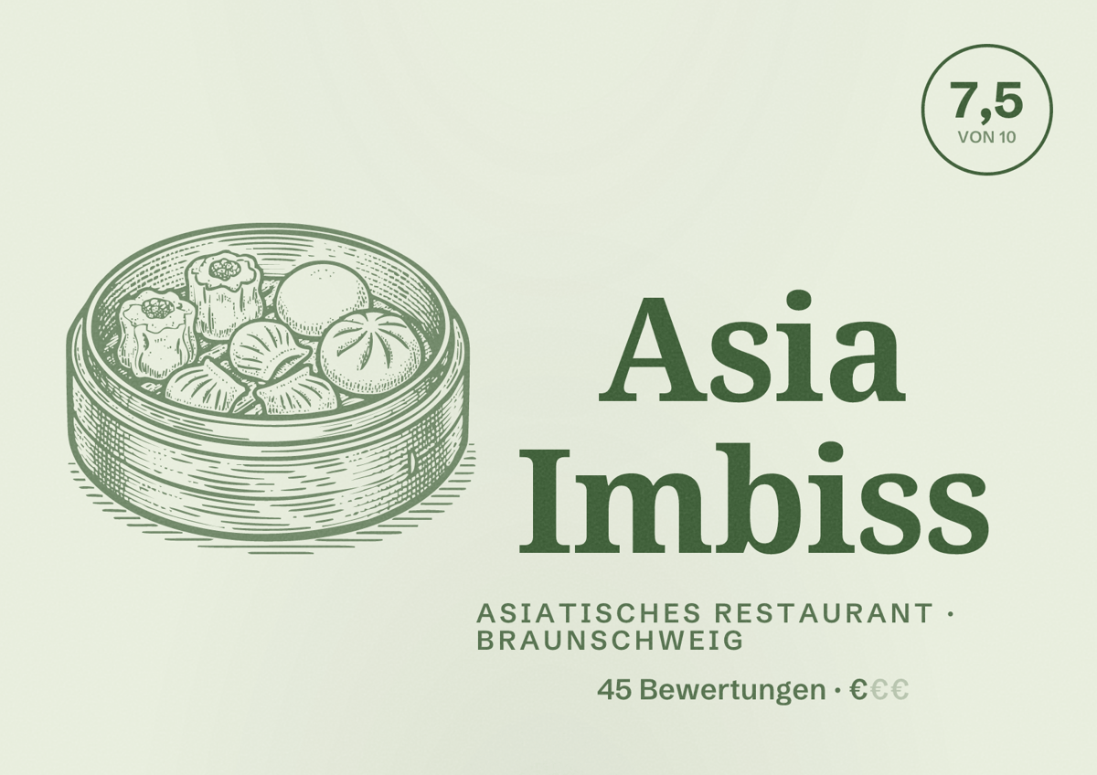 Illustriertes Poster von Asia Imbiss, Asiatisches Restaurant in Braunschweig: Bewertung 7,5 von 10 aus 45 Bewertungen, Preisniveau €