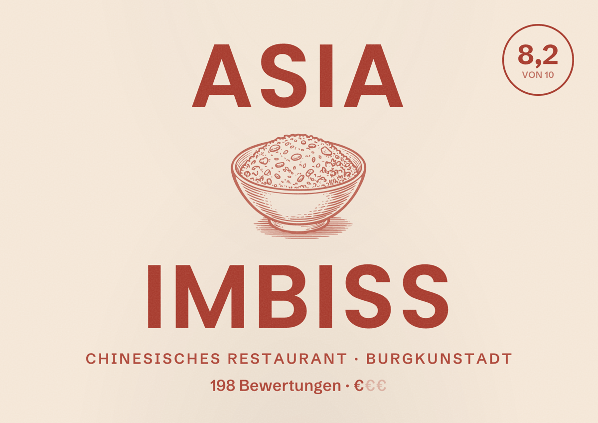 Illustriertes Poster von Asia Imbiss, Chinesisches Restaurant in Burgkunstadt: Bewertung 8,2 von 10 aus 198 Bewertungen, Preisniveau €
