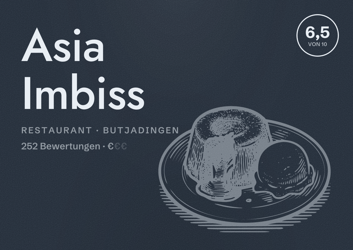 Illustriertes Poster von Asia Imbiss, Restaurant in Butjadingen: Bewertung 6,5 von 10 aus 252 Bewertungen, Preisniveau €