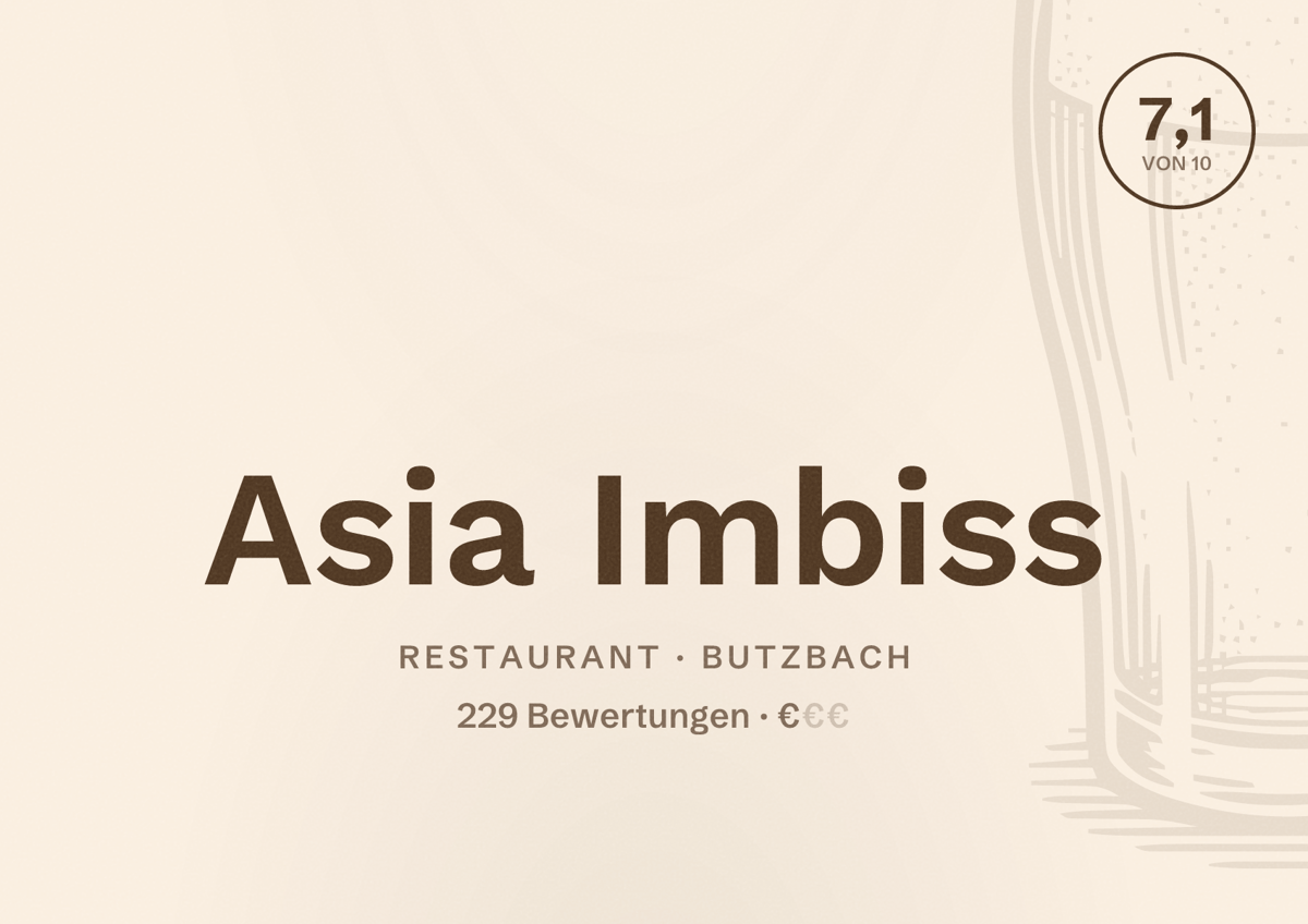Illustriertes Poster von Asia Imbiss, Restaurant in Butzbach: Bewertung 7,1 von 10 aus 229 Bewertungen, Preisniveau €