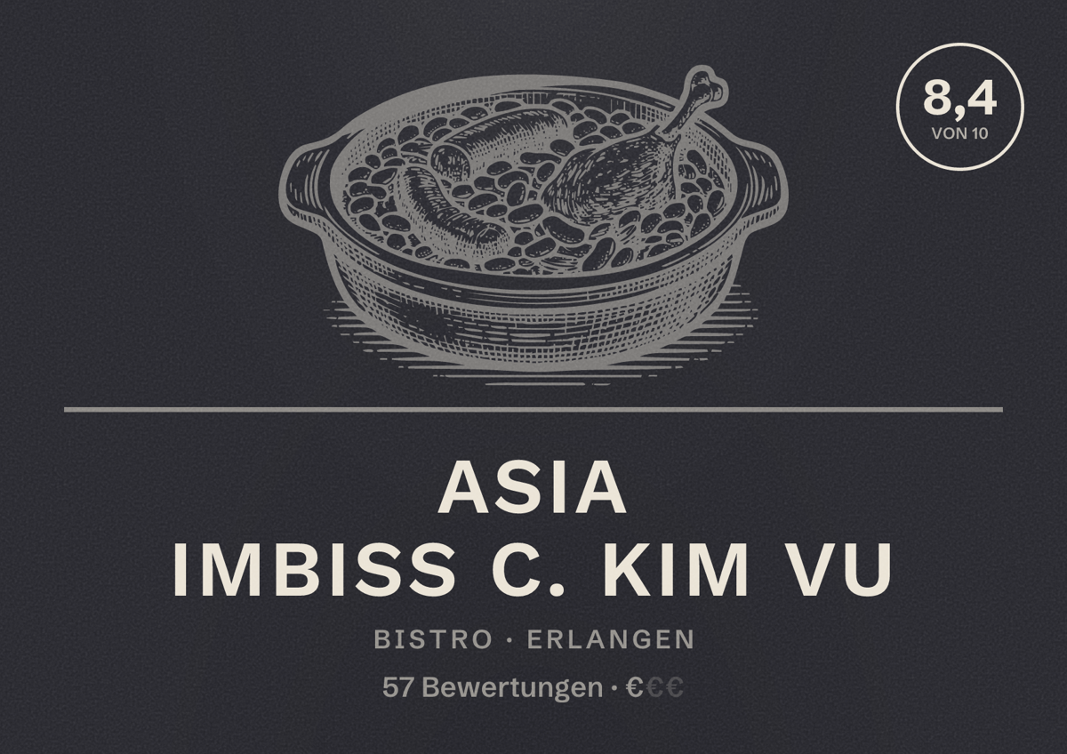Illustriertes Poster von Asia Imbiss C. Kim Vu, Bistro in Erlangen: Bewertung 8,4 von 10 aus 57 Bewertungen, Preisniveau €