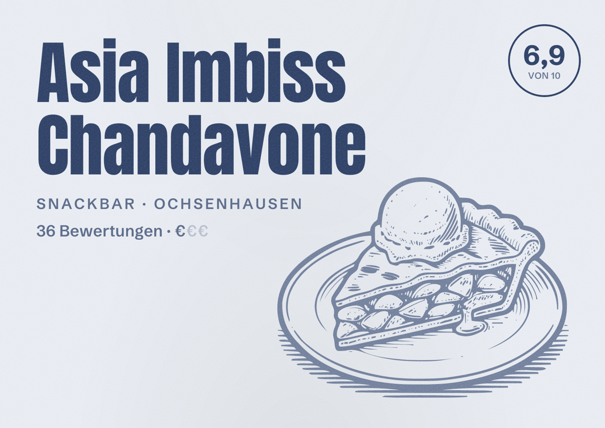 Illustriertes Poster von Asia Imbiss Chandavone, Snackbar in Ochsenhausen: Bewertung 6,9 von 10 aus 36 Bewertungen, Preisniveau €