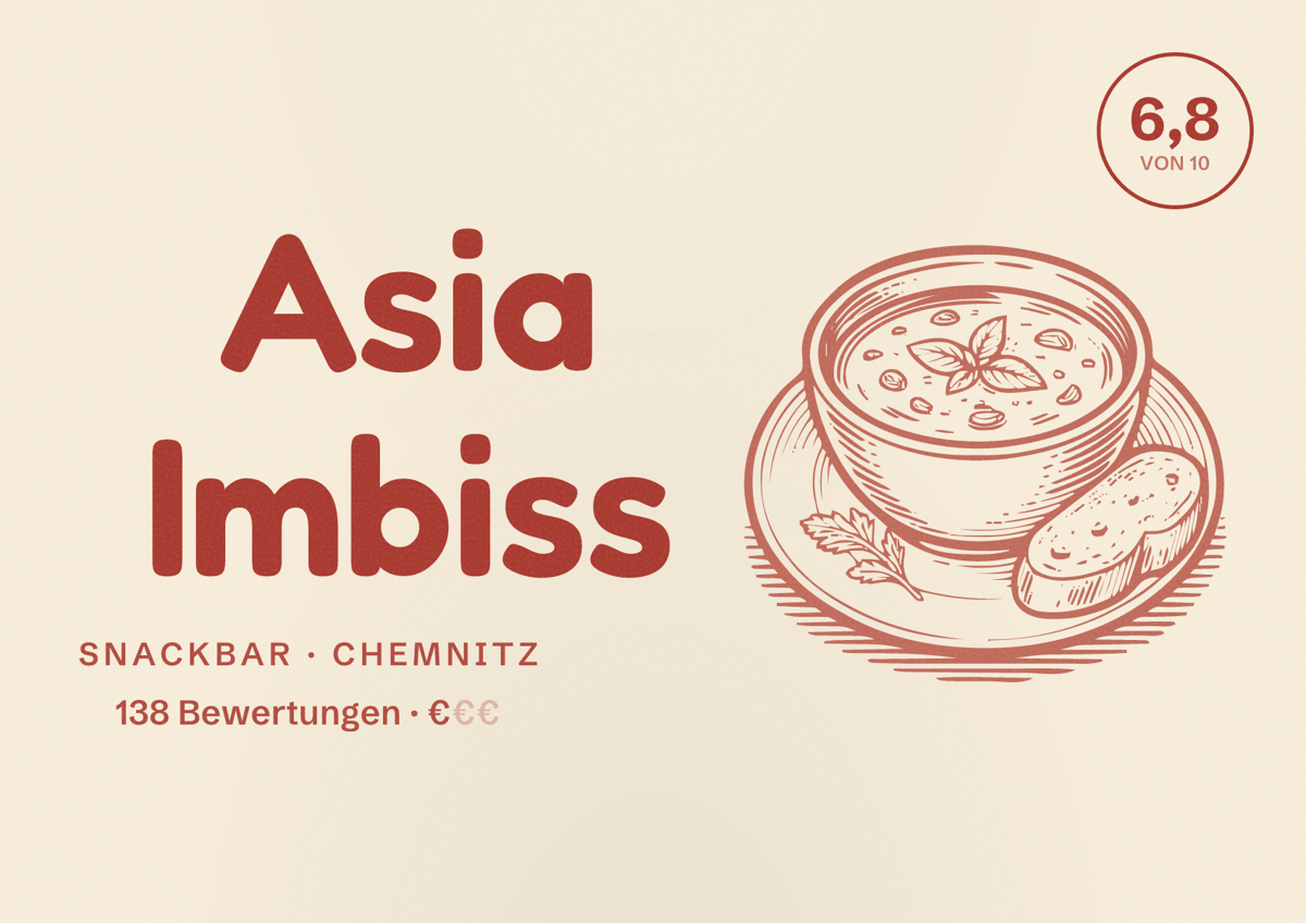 Illustriertes Poster von Asia Imbiss, Snackbar in Chemnitz: Bewertung 6,8 von 10 aus 138 Bewertungen, Preisniveau €