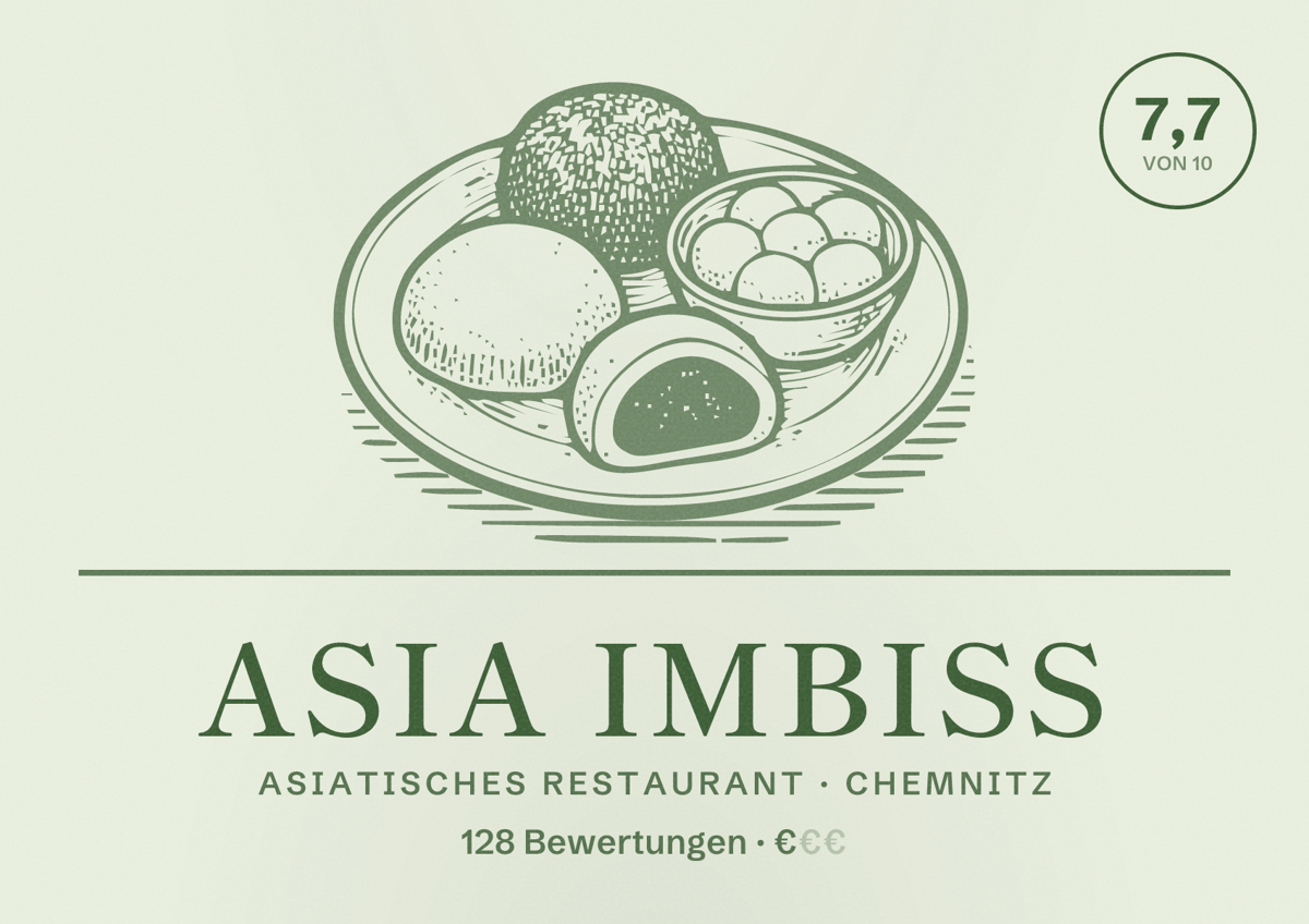 Illustriertes Poster von Asia Imbiss, Asiatisches Restaurant in Chemnitz: Bewertung 7,7 von 10 aus 128 Bewertungen, Preisniveau €