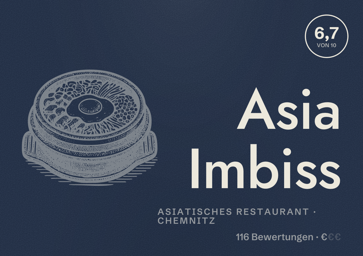 Illustriertes Poster von Asia Imbiss, Asiatisches Restaurant in Chemnitz: Bewertung 6,7 von 10 aus 116 Bewertungen, Preisniveau €