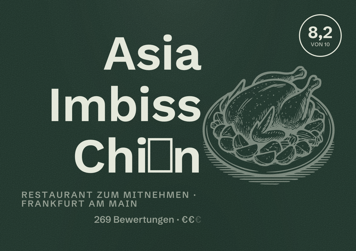 Illustriertes Poster von Asia Imbiss Chiến, Restaurant zum Mitnehmen in Frankfurt am Main: Bewertung 8,2 von 10 aus 269 Bewertungen, Preisniveau €€