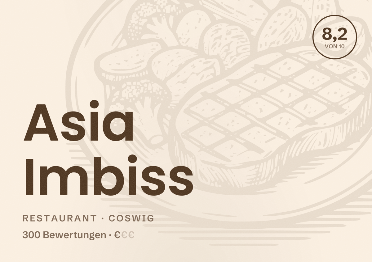 Illustriertes Poster von Asia Imbiss, Restaurant in Coswig: Bewertung 8,2 von 10 aus 300 Bewertungen, Preisniveau €