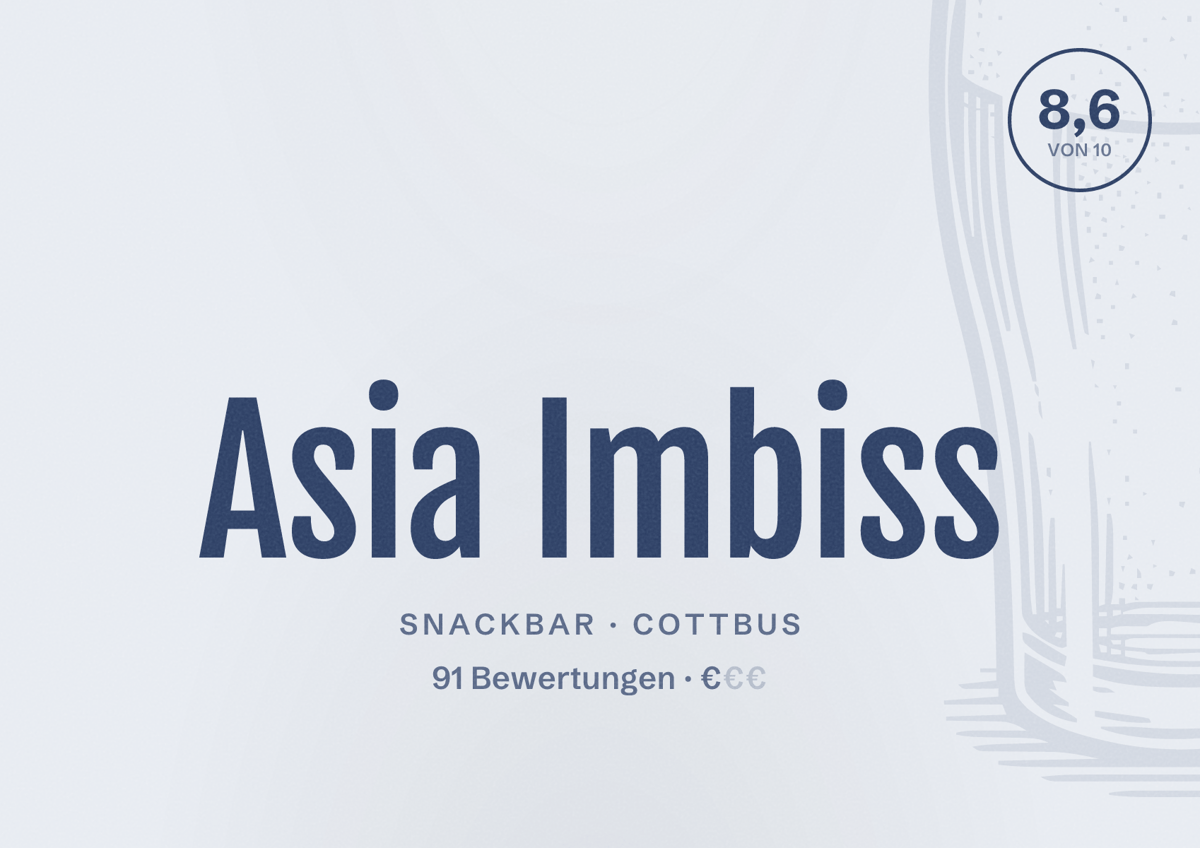 Illustriertes Poster von Asia Imbiss, Snackbar in Cottbus: Bewertung 8,6 von 10 aus 91 Bewertungen, Preisniveau €