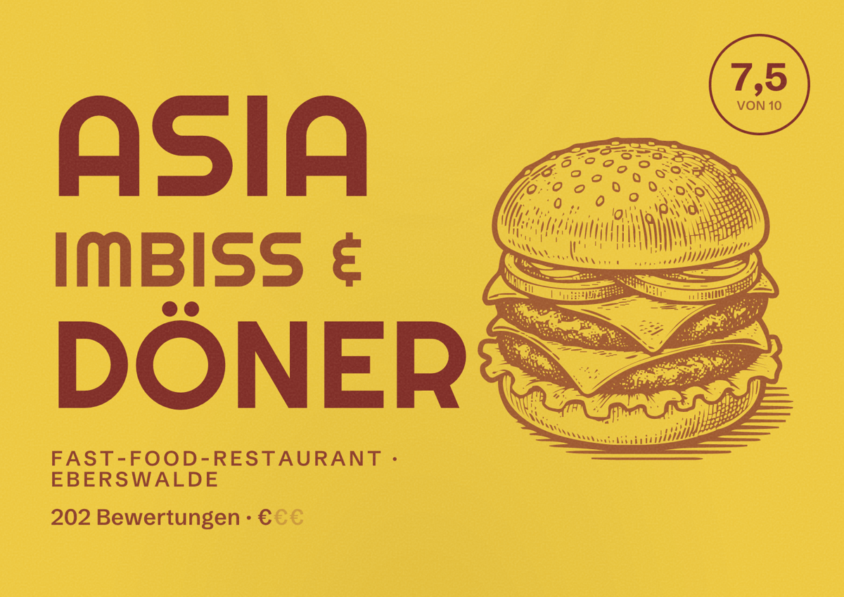 Illustriertes Poster von Asia Imbiss & Döner, Fast-Food-Restaurant in Eberswalde: Bewertung 7,5 von 10 aus 202 Bewertungen, Preisniveau €